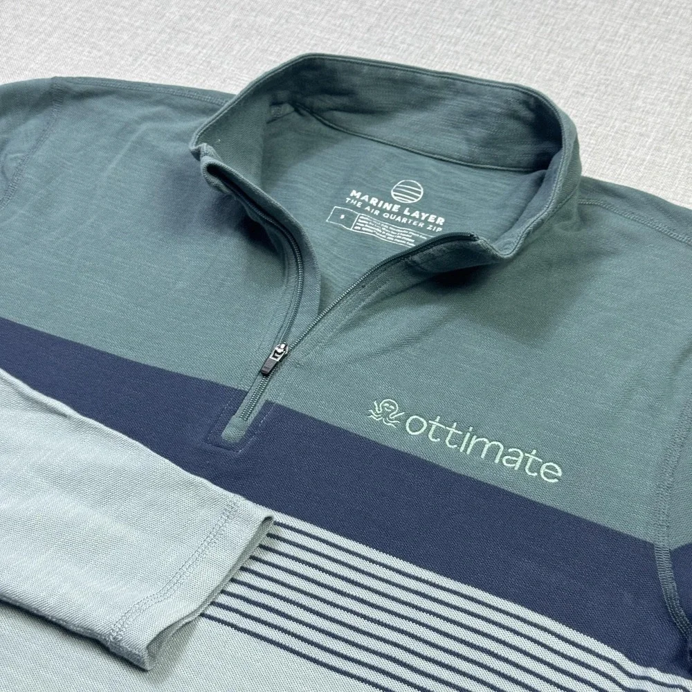 Marine Layer 1/4 Zip Pullover‎ Mens Small Green Striped Collared Lyocell Cotton